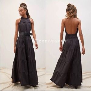 Anthropologie Magali Pascal Halter Open Back Tiered Maxi Dress Black Medium NWT
